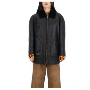 KENZO Women’s Genuine Leather SHEARLING LEATHER JACKET Coat Black Small EU 38